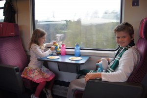 Matthew and Sophie during our 9 hour train trip from Brussells to Zug